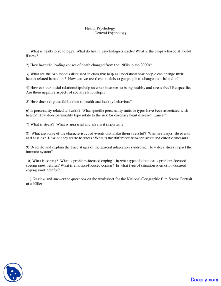 Health Psychology  Basic Psychology  Assingment  Docsity