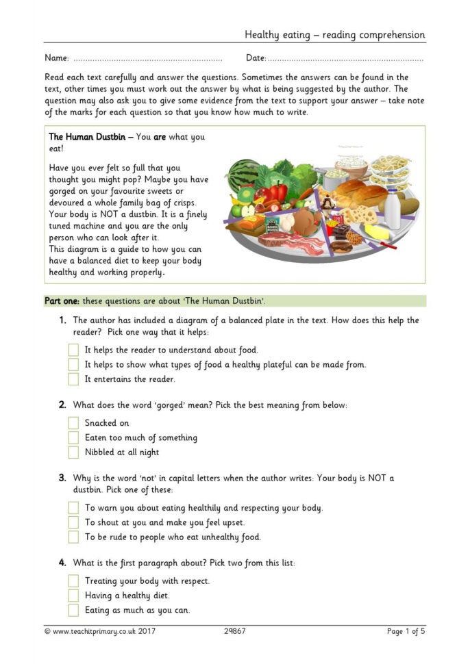 Healthy Eating  Reading Comprehension  Food  Lifestyle