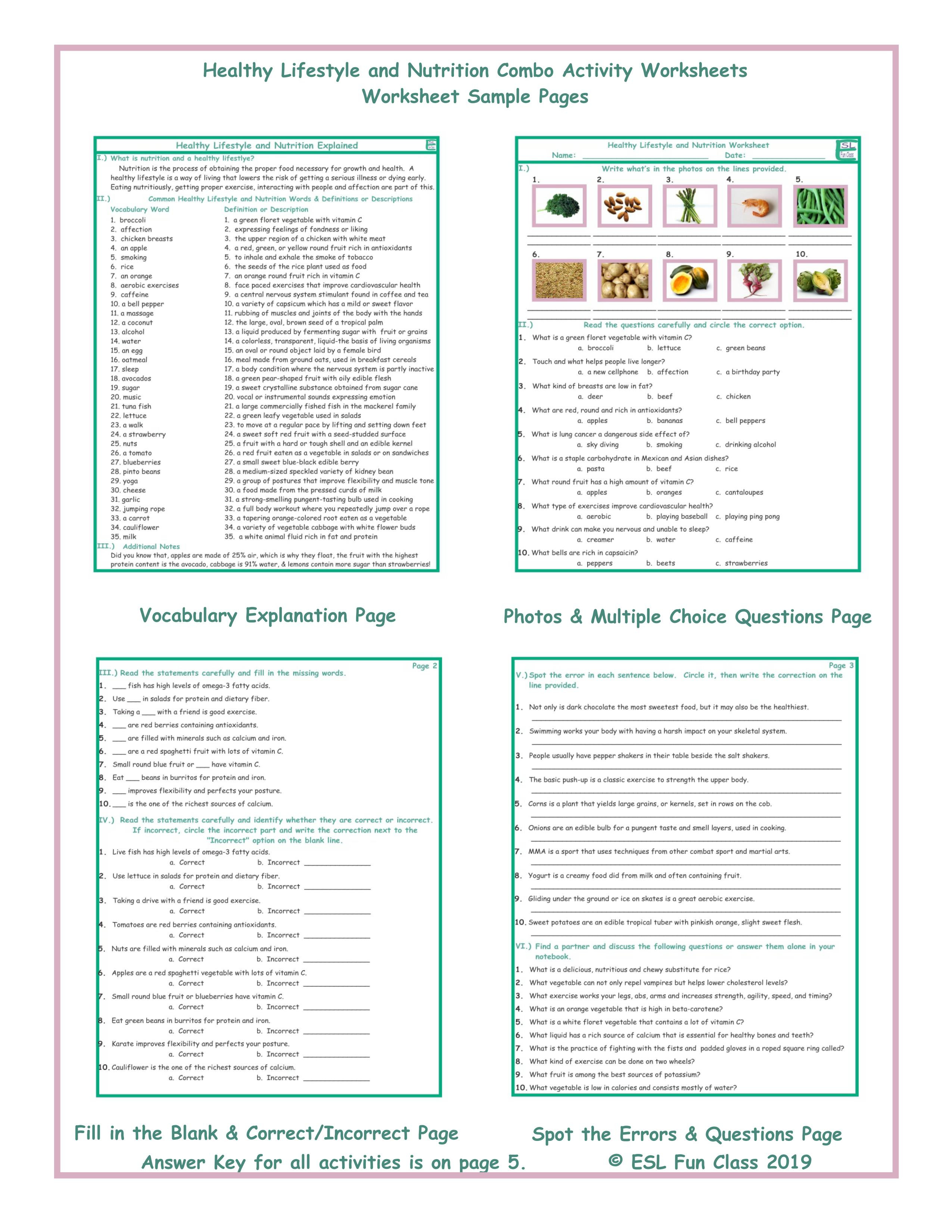 Healthy Lifestyle And Nutrition Combo Activity Worksheets