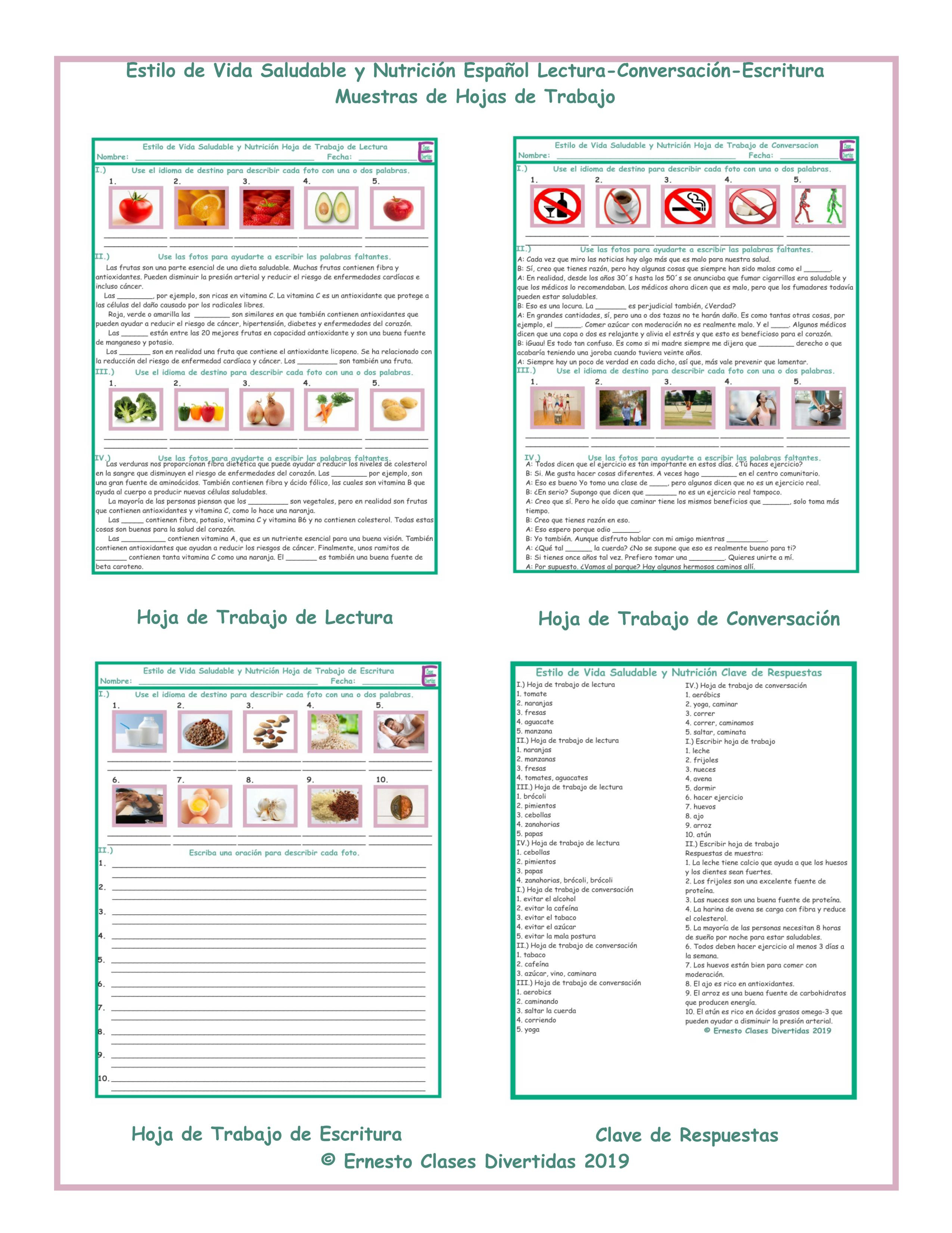 Healthy Lifestyle And Nutrition Spanish Readinonversationwriting  Worksheets