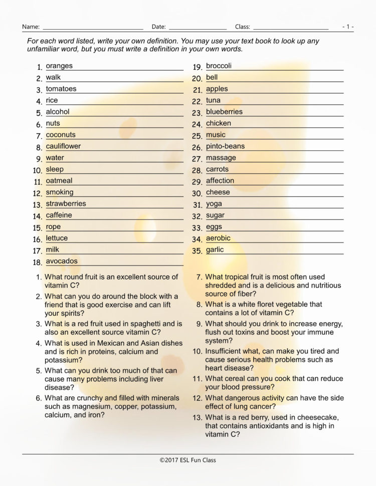 Healthy Lifestylenutrition Definitions Worksheet