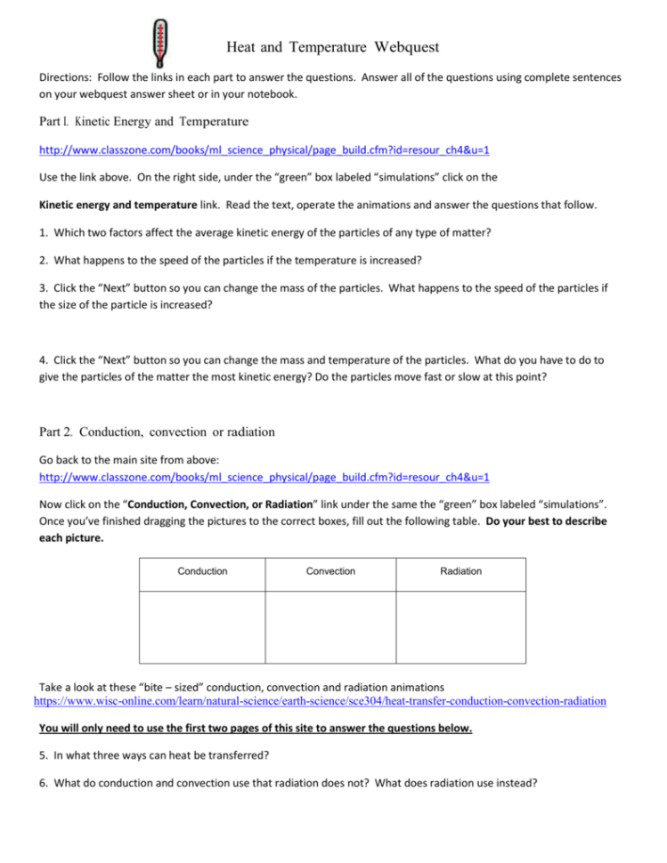Heat And Temperature Webquest