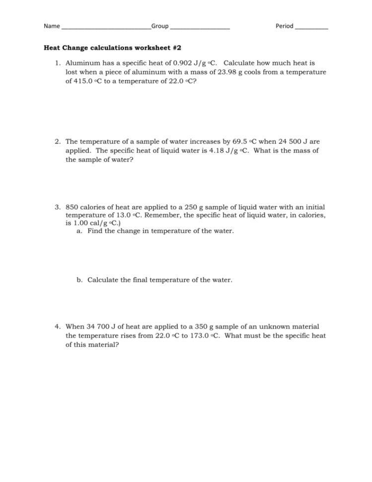 Heat Change Calculations Worksheet