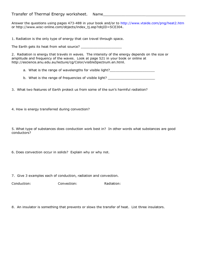 Heat Transfer Heat Transfer Worksheet Answer Key