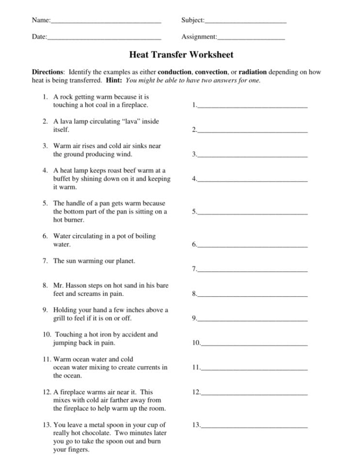 Heat Transfer Worksheet