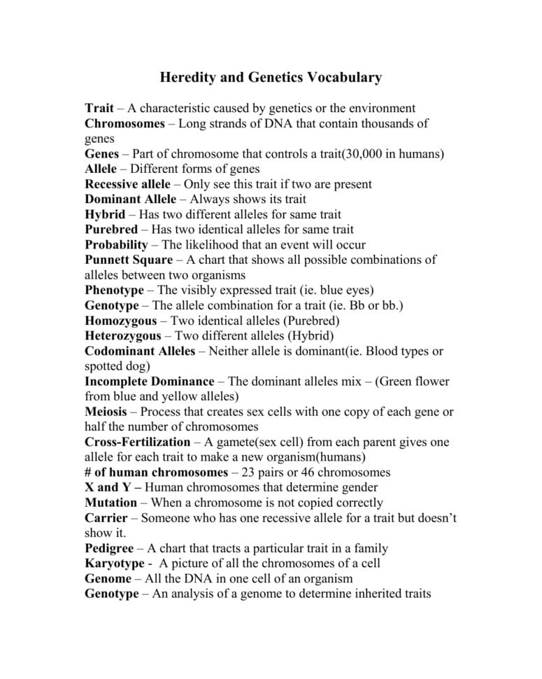 Heredity And Genetics Vocabulary