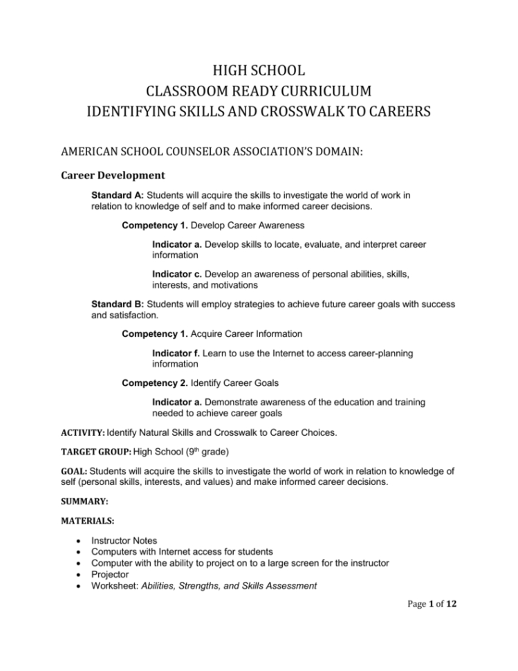 High School Abilities Strengths And Skills Assessment