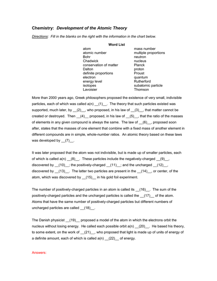 History Of Atomic Theories Worksheet Answers