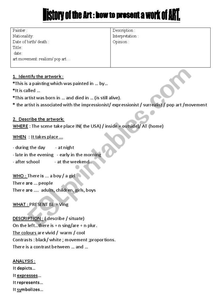 History Of The Art  Esl Worksheetcatfaure