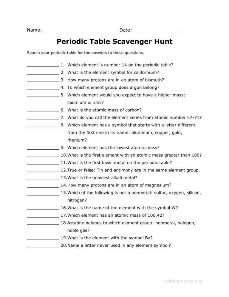 History Of The Periodic Table Worksheet