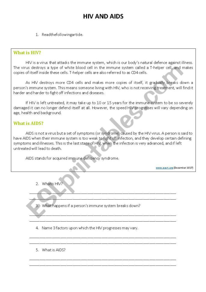 Hiv And Aids Worksheet  Esl Worksheetmanuelabarbosa