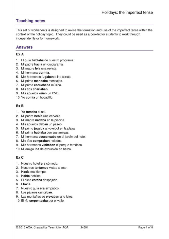 Holidays The Imperfect Tense