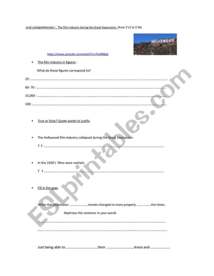 Hollywood During The Great Depression Era  Esl Worksheet