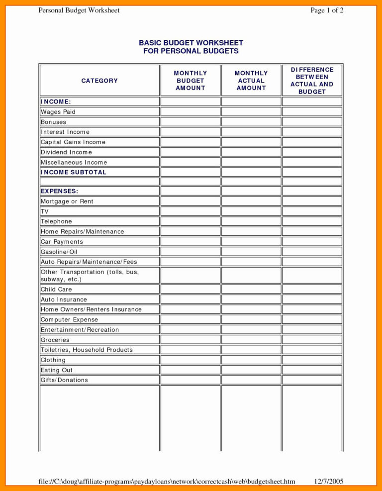 household income and expense worksheet