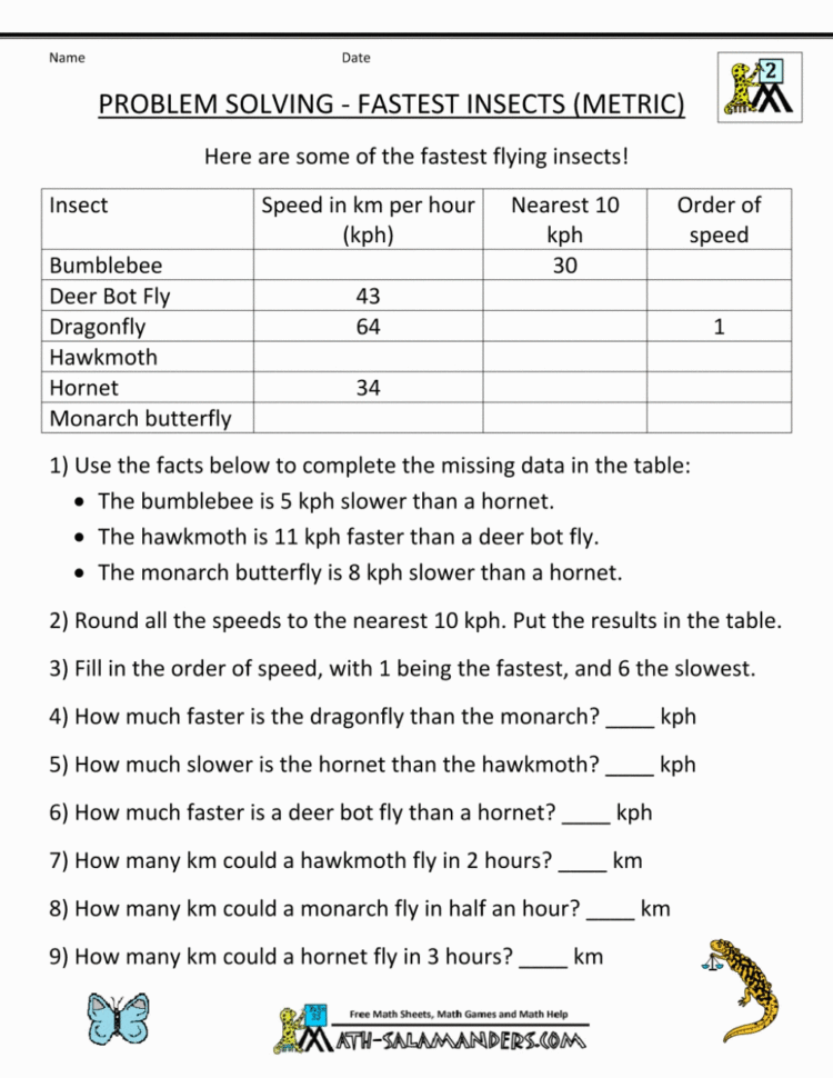 Homeschool Math Worksheet Fastest Insects Metric Worksheets
