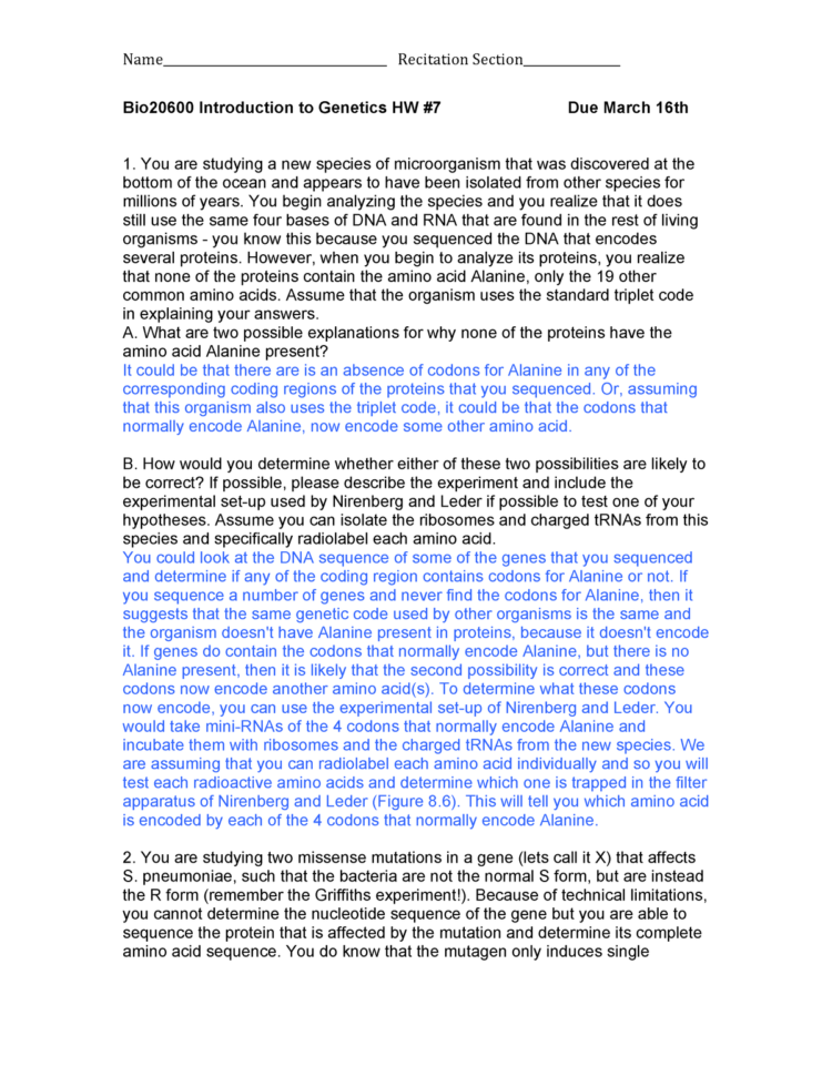 Homework 7 Answer Key  Bio 20600 Introduction To Genetics