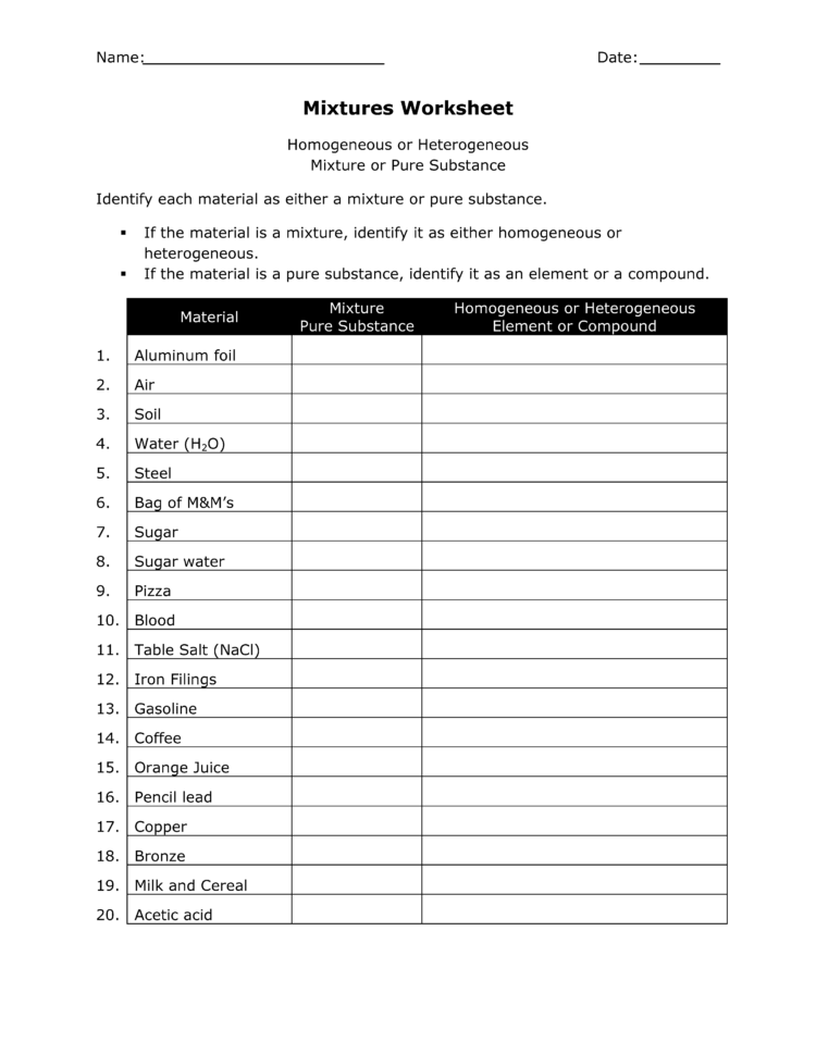 Homogeneous Or Heterogeneous  Mixtures Practice Worksheet