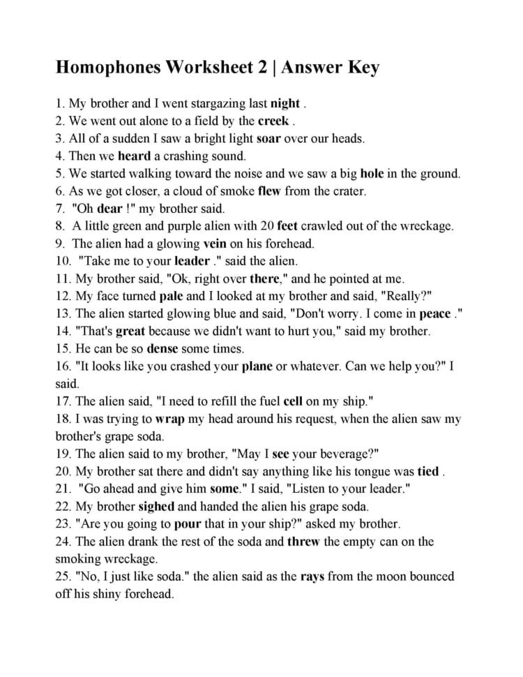 Homophones Worksheet 2  Answers