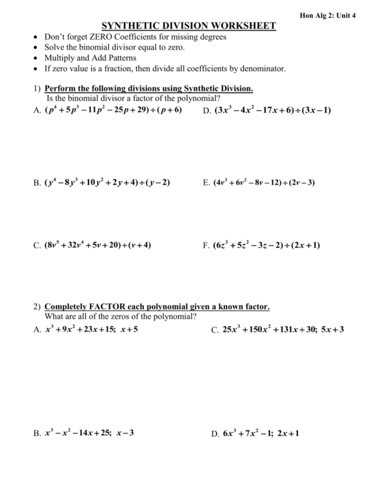 Hon Alg 2 Unit 4 Synthetic Division Worksheet Dont Forget