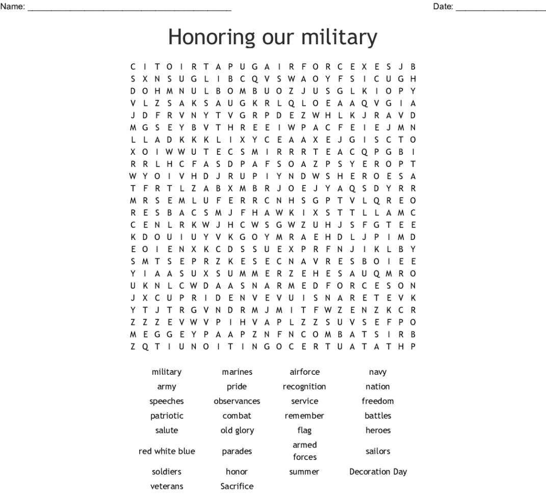Honoring Our Military Word Search  Word