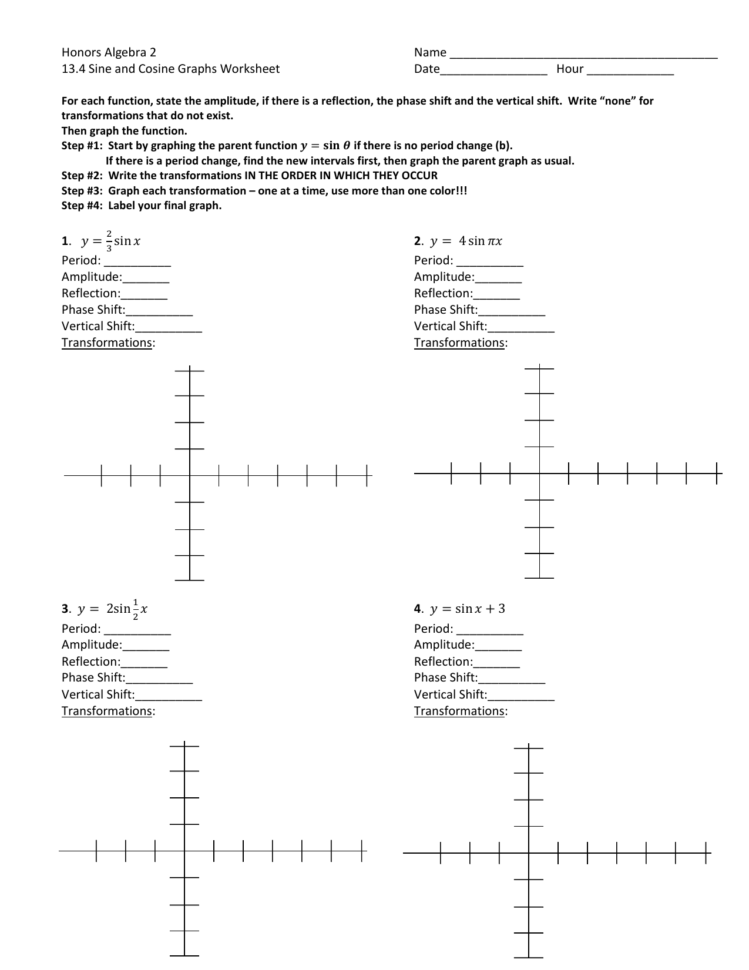 Honors Algebra 2 Name 134 Sine And Cosine Graphs Worksheet
