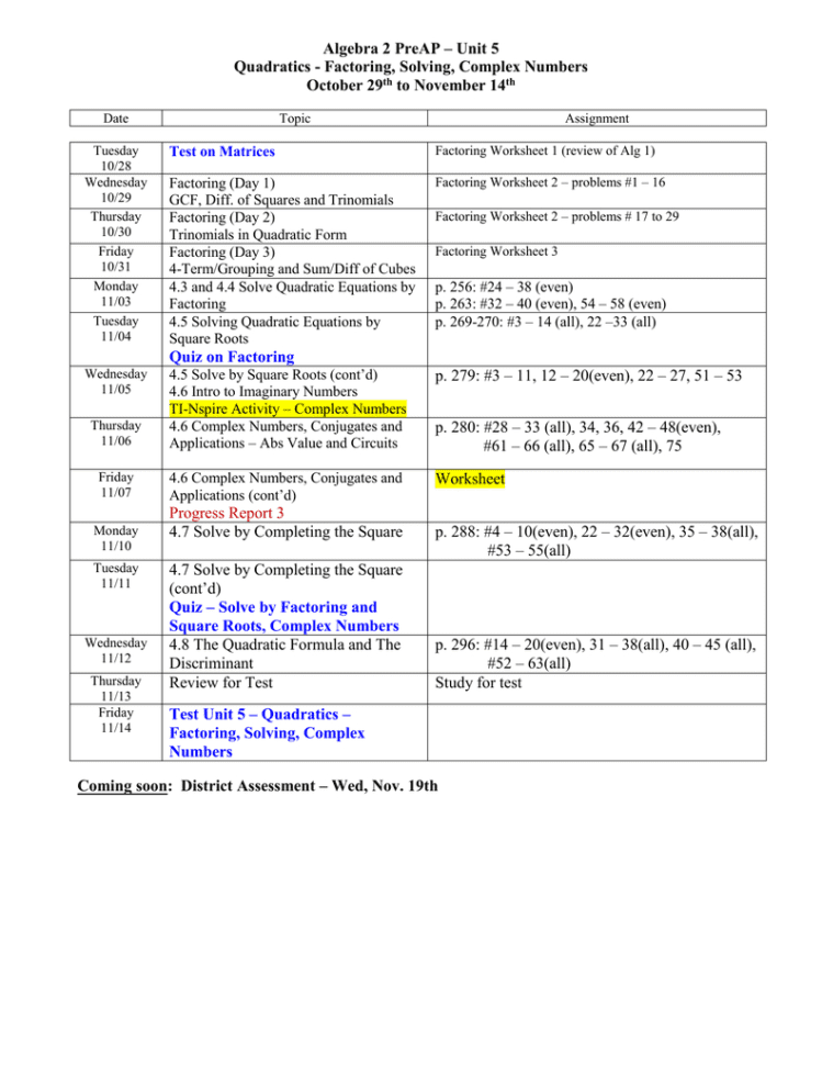 Honors Algebra Ii Assignment Sheet For September
