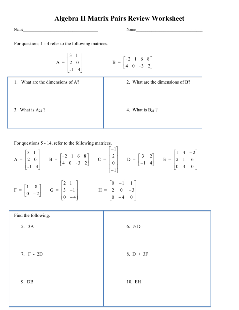 Honors Algebra Ii Matrix Review Worksheet