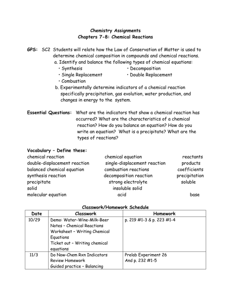 Honors Chemistry Assignments Chapters 78