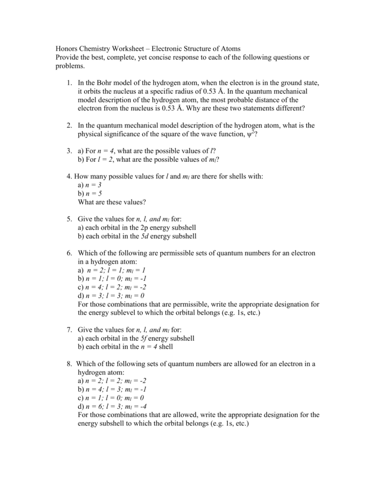 Honors Chemistry Worksheet – Electronic Structure Of Atoms Honors Chemistry Worksheet – Electronic Structure Of Atoms