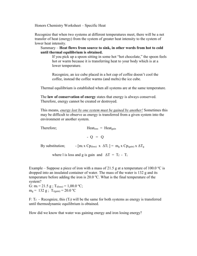 Honors Chemistry Worksheet – Specific Heat