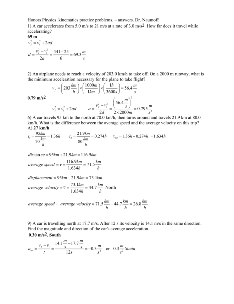 Honors Physics Kinematics Practice Problems – Answers Dr