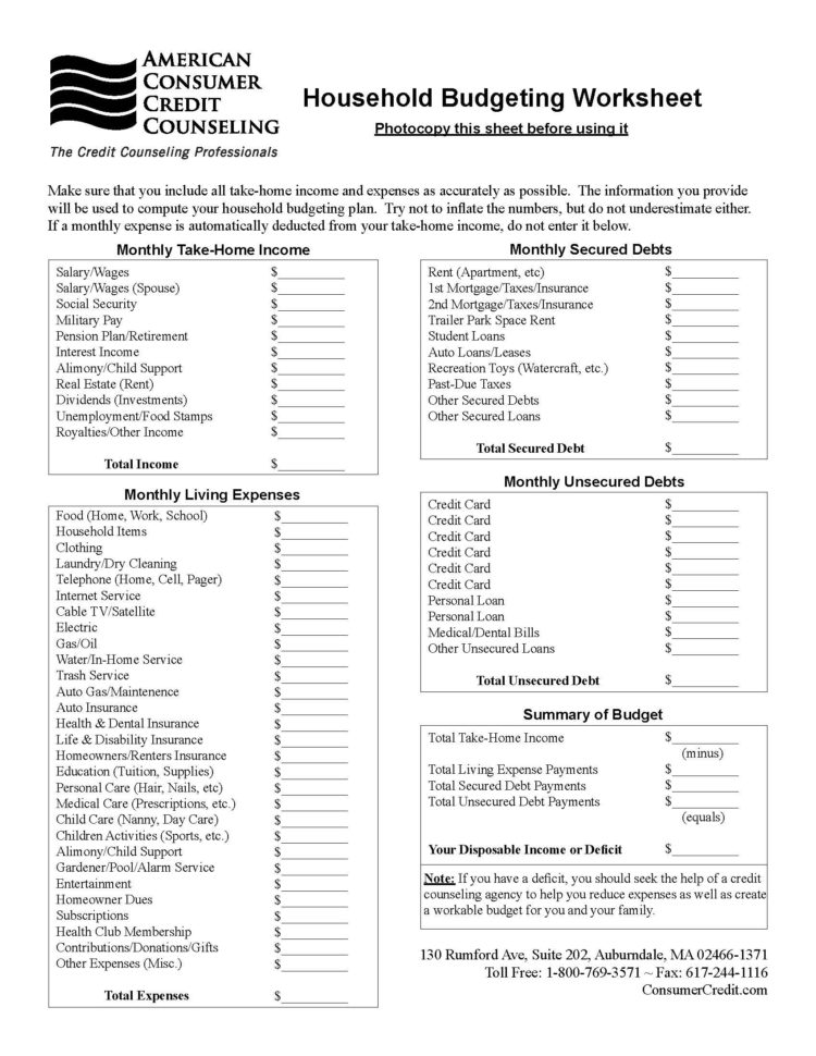 Household Budgeting Worksheet  Talking Cents
