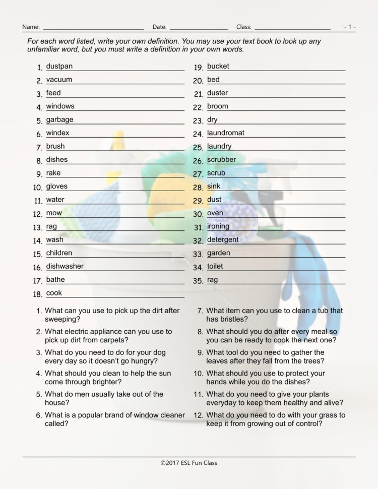Household Chorescleaning Supplies Definitions Worksheet