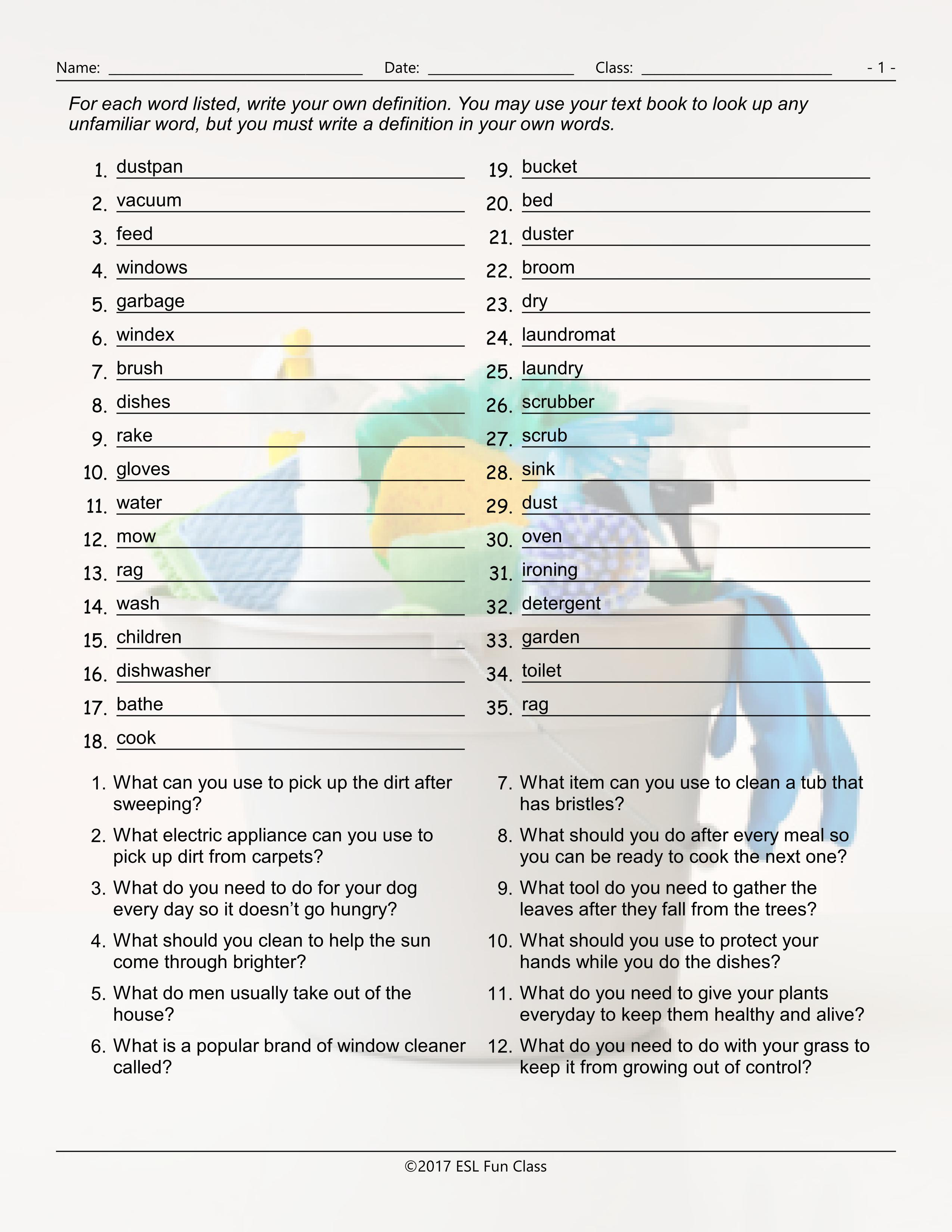 Household Chorescleaning Supplies Definitions Worksheet Db excel
