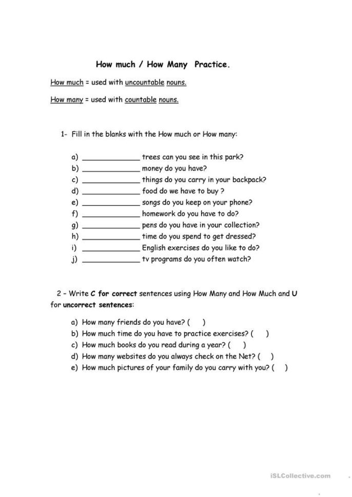 How Much How Many Practice  English Esl Worksheets