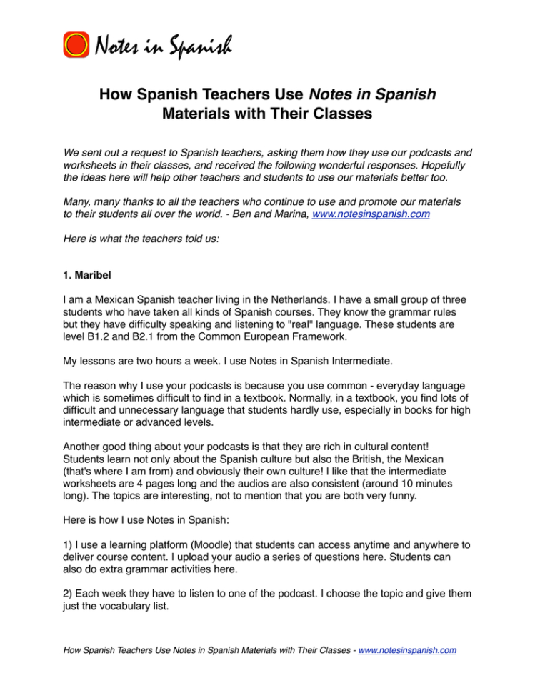 How Spanish Teachers Use Notes In Spanish Materials With Their