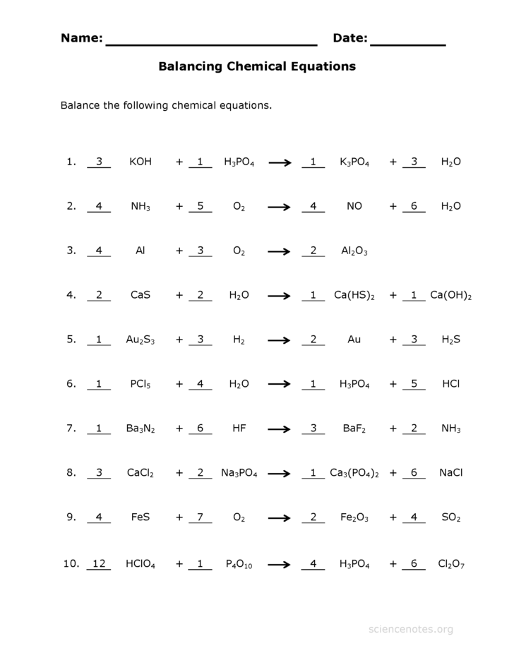 Balancing Equations Worksheet 1 Answer Key — db-excel.com