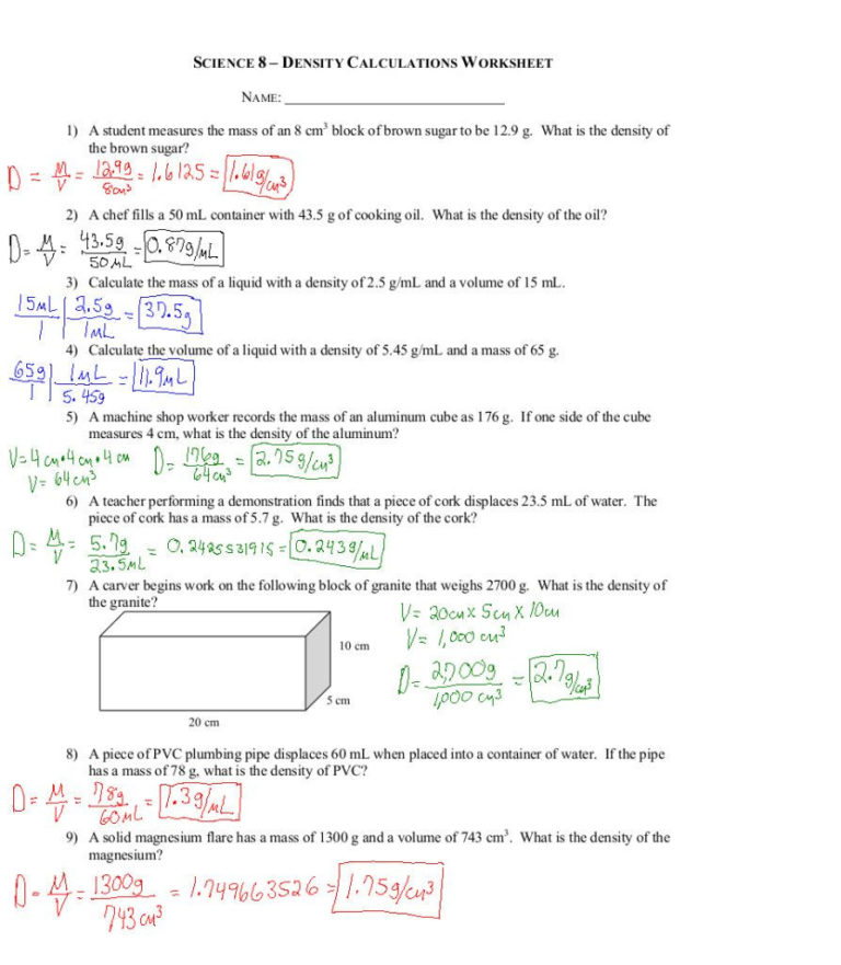 Density Math Problems Worksheet