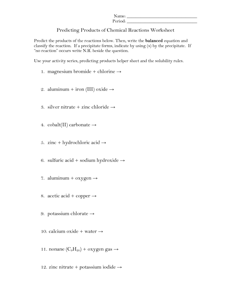 Predicting Products Of Reactions Chem Worksheet 10 4 Answer Key Db excel