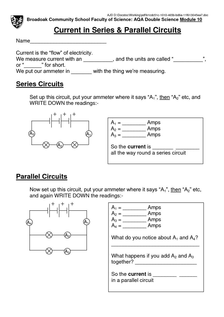 Series And Parallel Circuits Worksheet Answer Key — db ...
