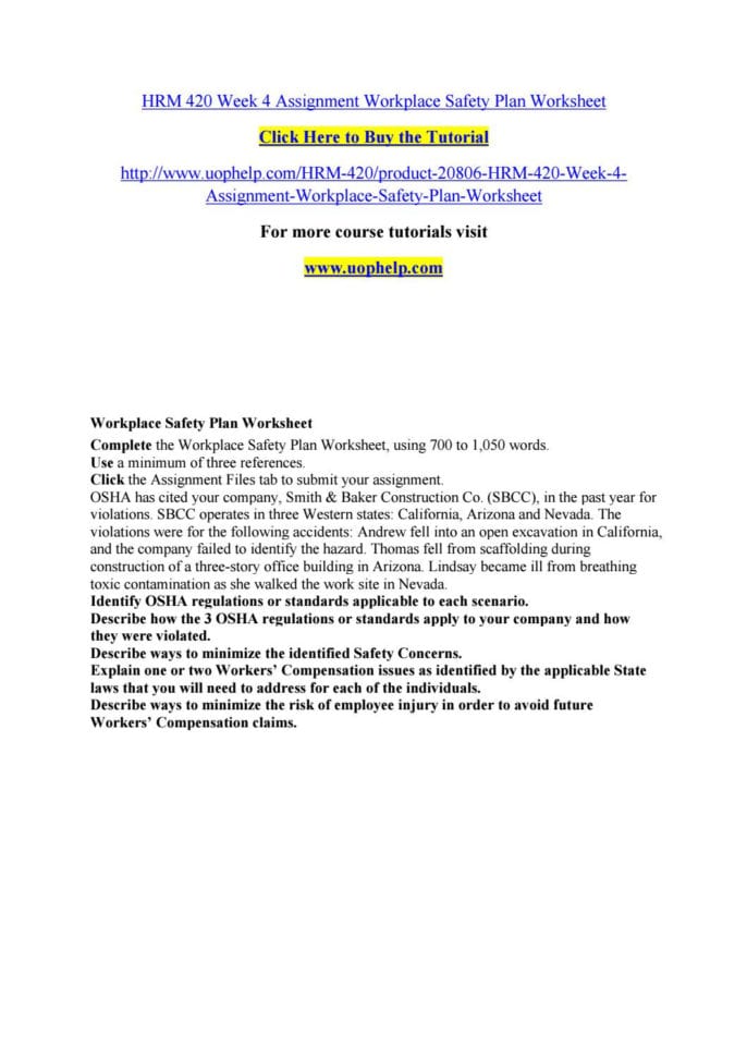 Hrm 420 Week 4 Assignment Workplace Safety Plan Worksheet Hrm 420 Week 4 Assignment Workplace Safety Plan Worksheet