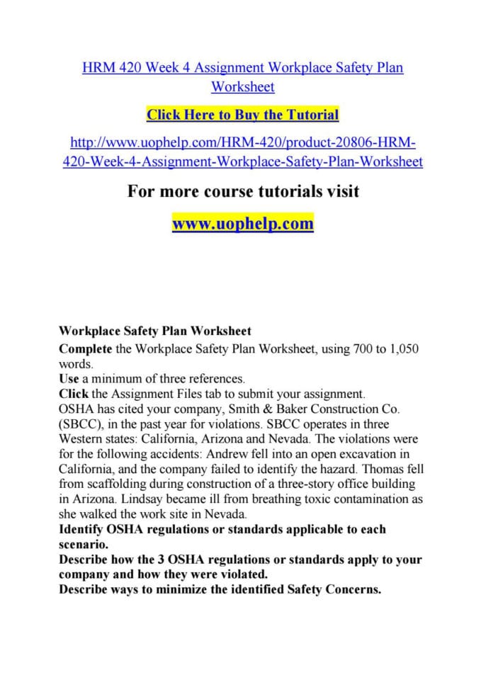 Hrm 420 Week 4 Assignment Workplace Safety Plan Worksheet Hrm 420 Week 4 Assignment Workplace Safety Plan Worksheet