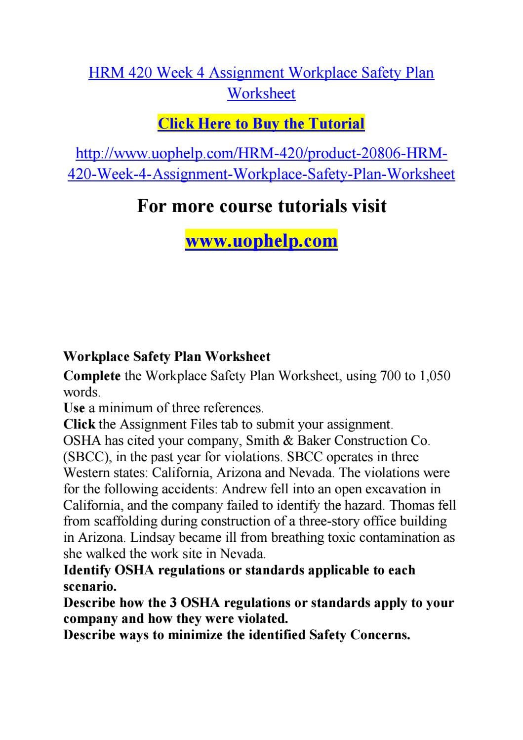 Hrm 420 Week 4 Assignment Workplace Safety Plan Worksheet