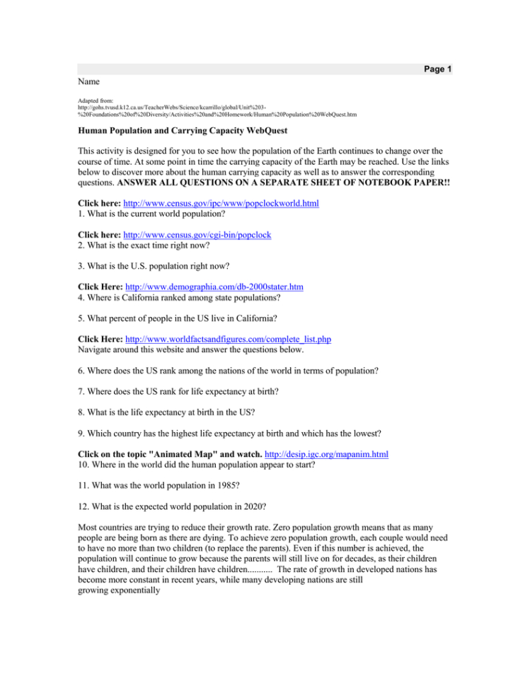 Human Population Growth Worksheet