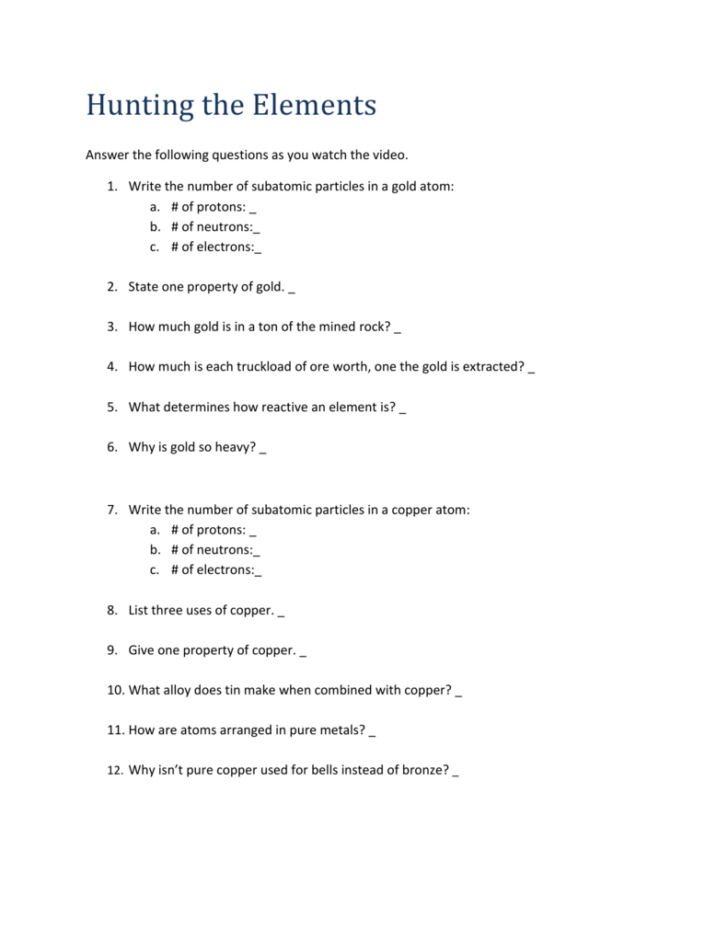 Hunting The Elements Video Worksheet