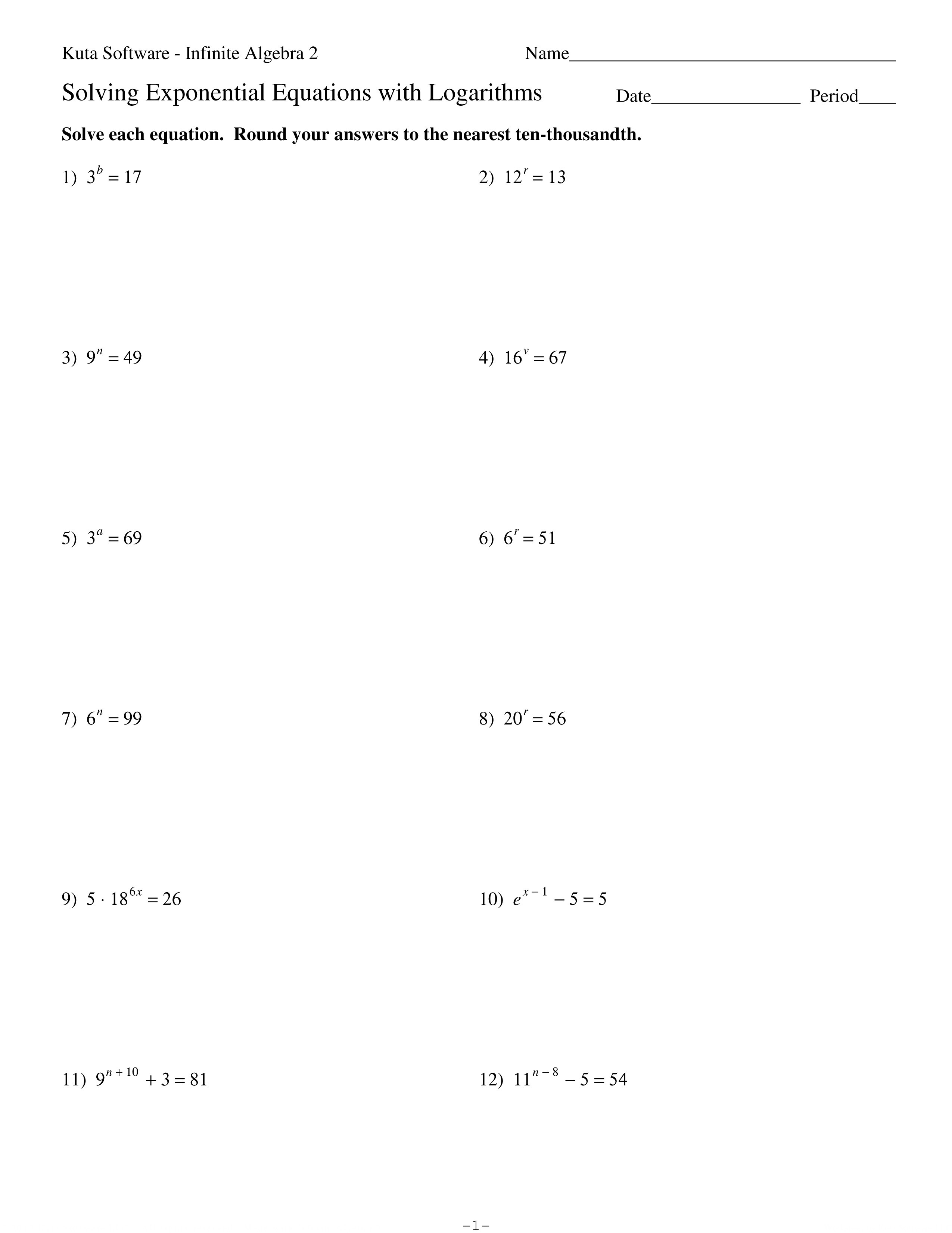 Solving Exponential Equations With Logarithms Multiple Choice Worksheet