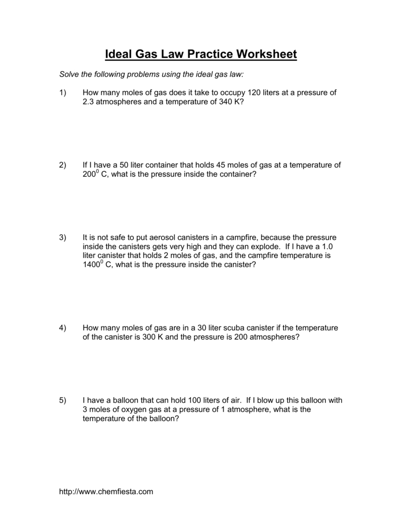 Ideal Gas Law Practice Worksheet