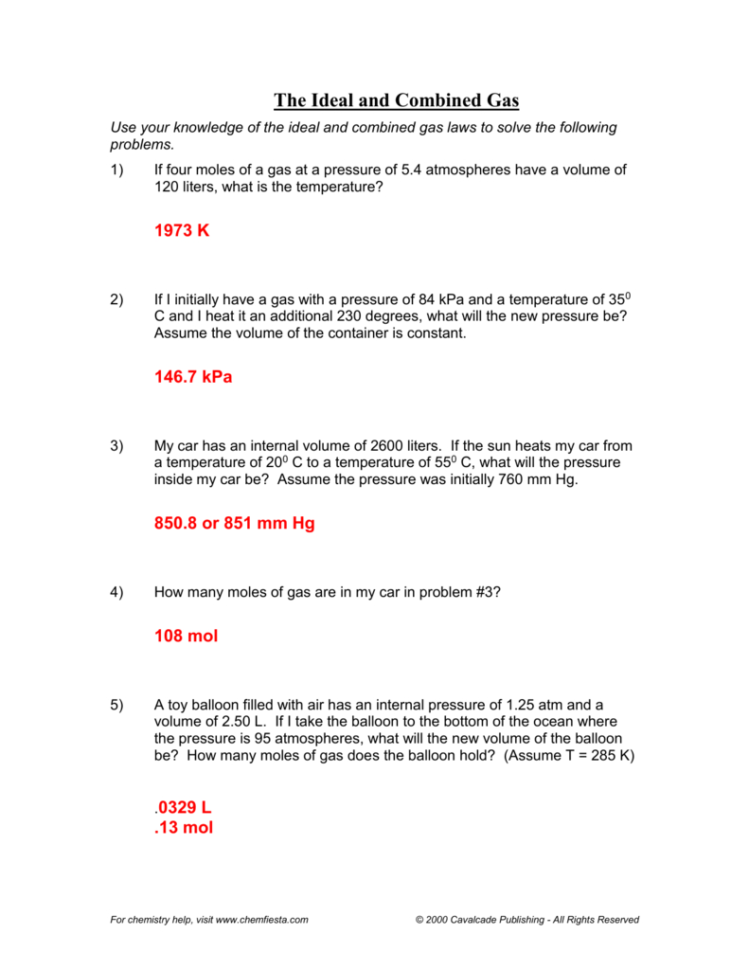 Ideal Gas Law Worksheet Pv  Nrt