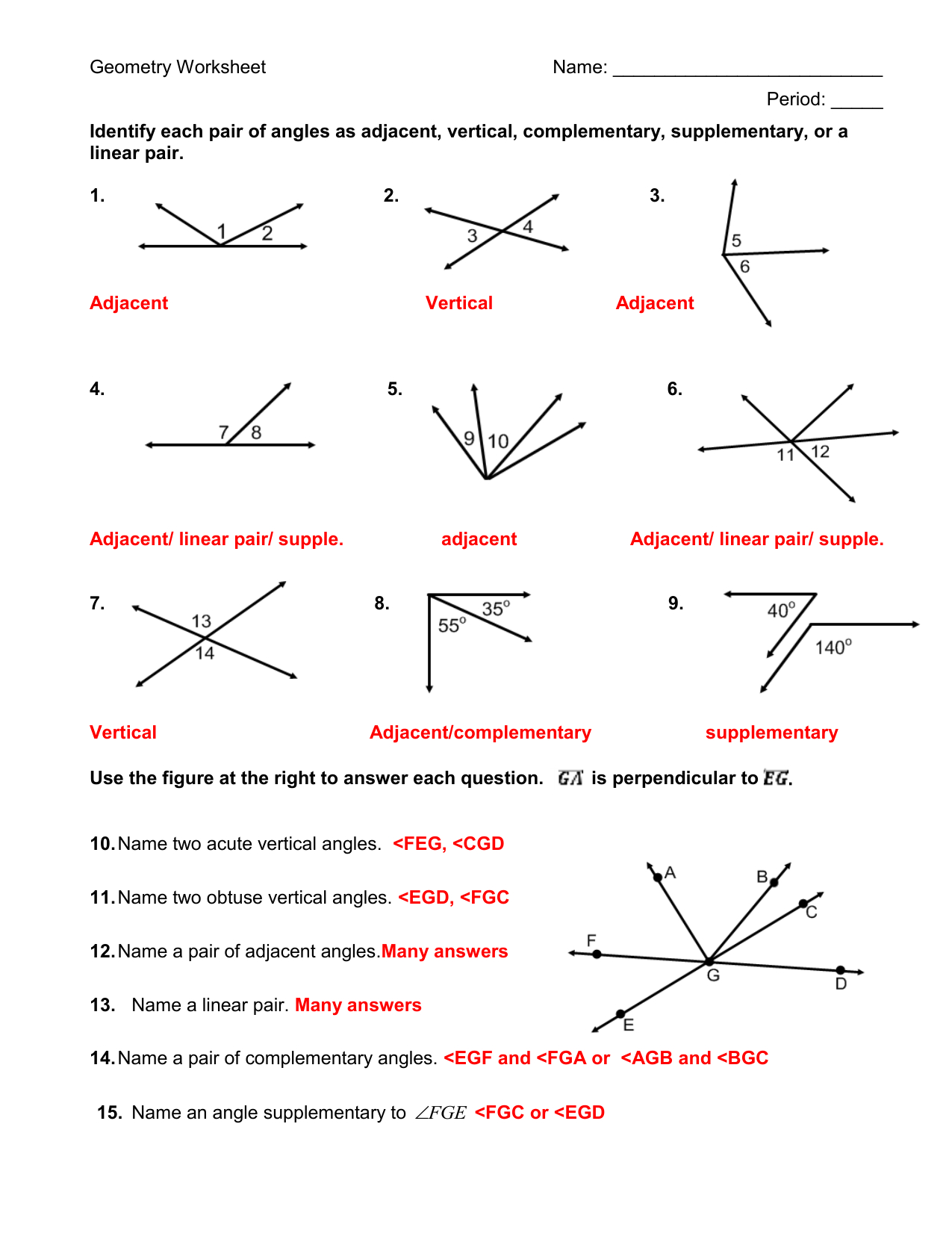 Vertical Angles Worksheet