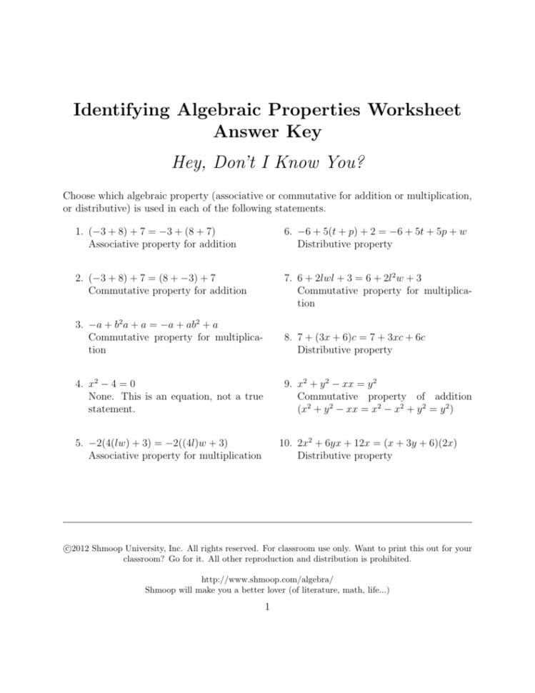 Identifying Algebraic Properties Worksheet Answer Key